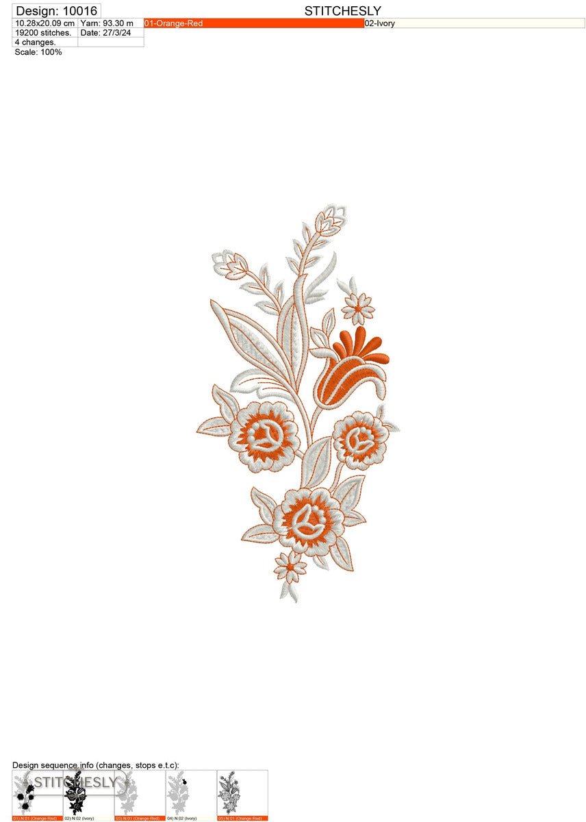 Detail view of Orange Botanical Sprig machine embroidery design