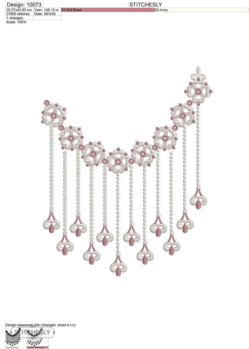 Detail view of Pearl Beaded Garland Neckline machine embroidery design