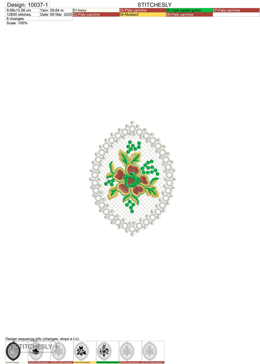 Detail view of Pearl Oval Rose Frame machine embroidery design