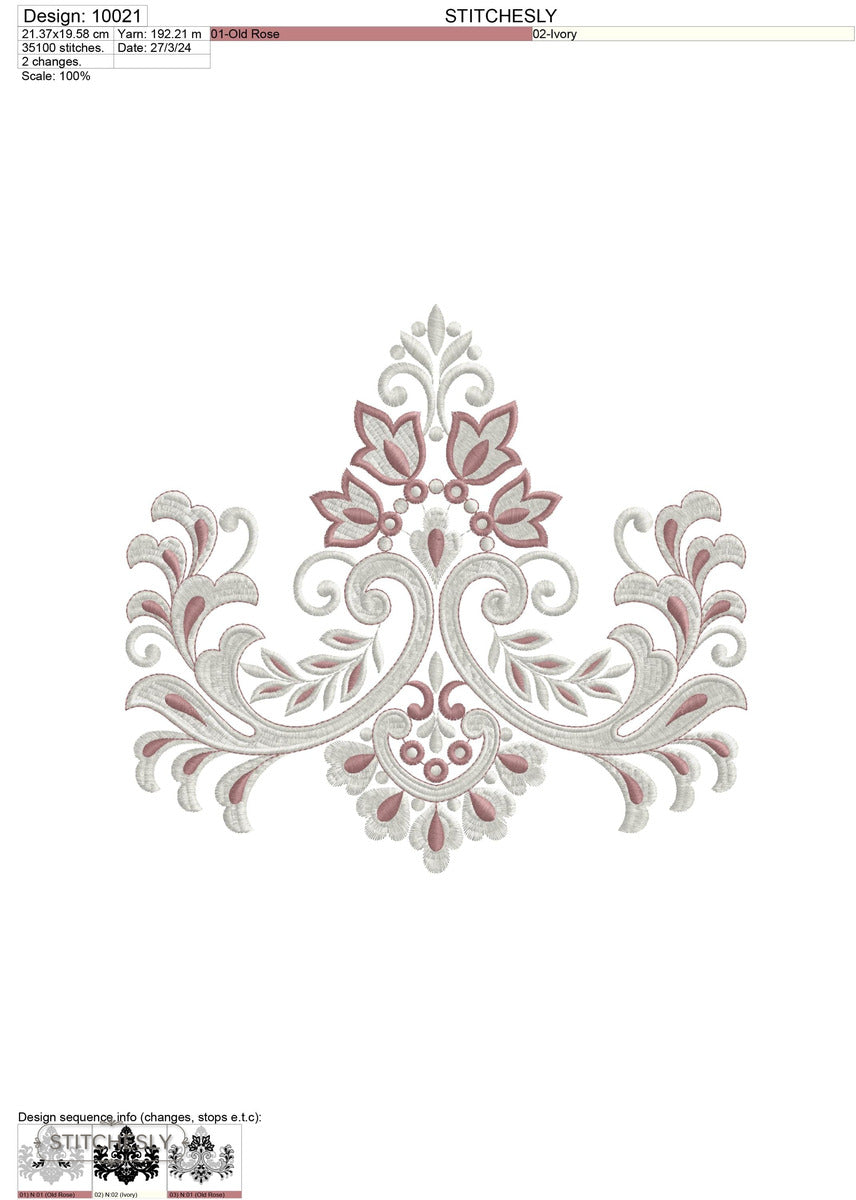 Detail view of Pink Damask Crest machine embroidery design
