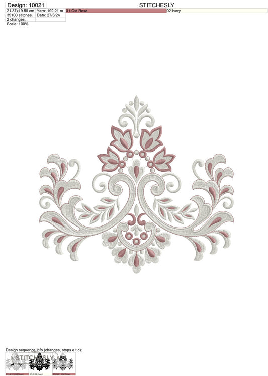 Detail view of Pink Damask Crest machine embroidery design
