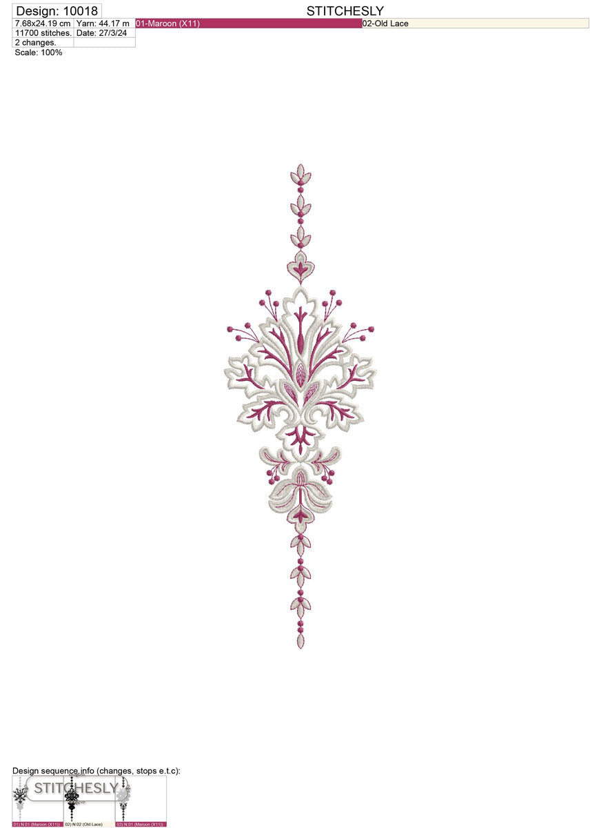 Detail view of Pink Floral Drop Ornament machine embroidery design