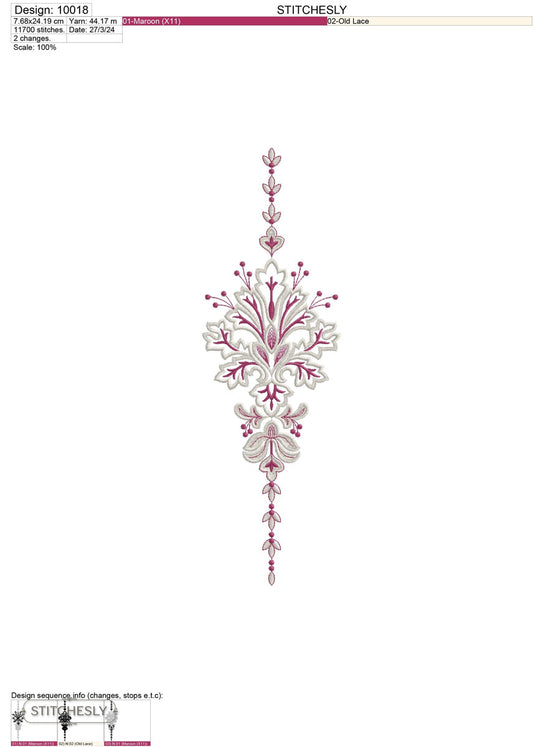 Detail view of Pink Floral Drop Ornament machine embroidery design