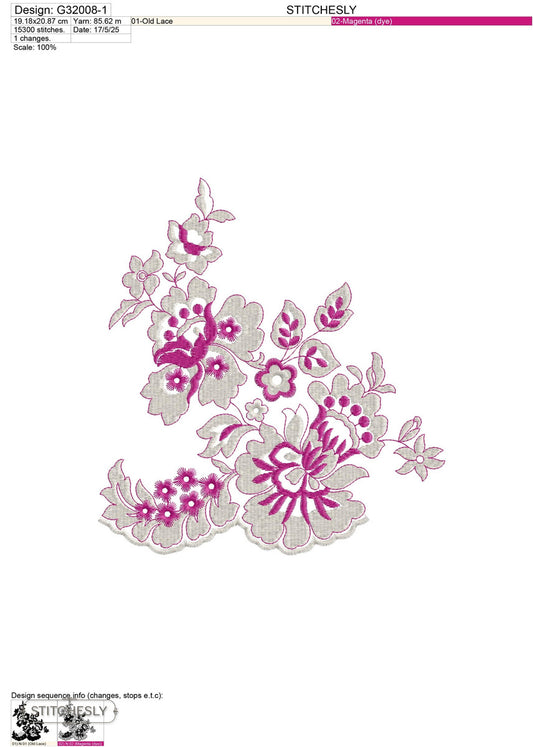 Detail view of Pink Floral Lace Corner machine embroidery design