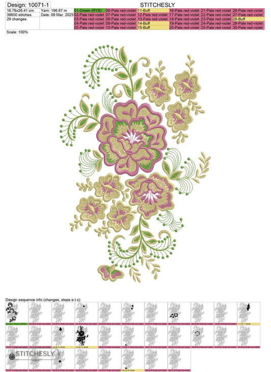 Detail view of Pink Green Floral Bouquet machine embroidery design