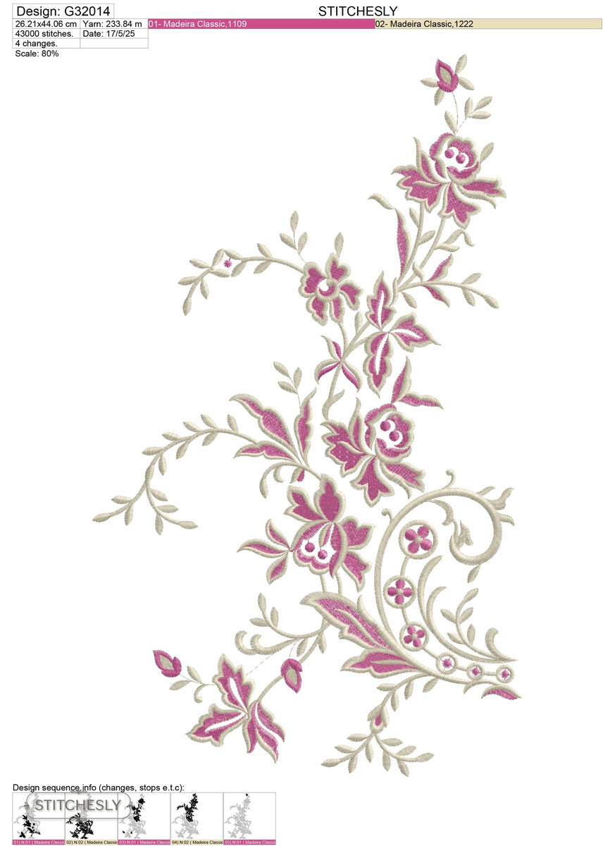 Detail view of Pink Rose Floral Corner machine embroidery design