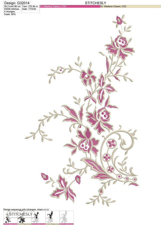 Detail view of Pink Rose Floral Corner machine embroidery design