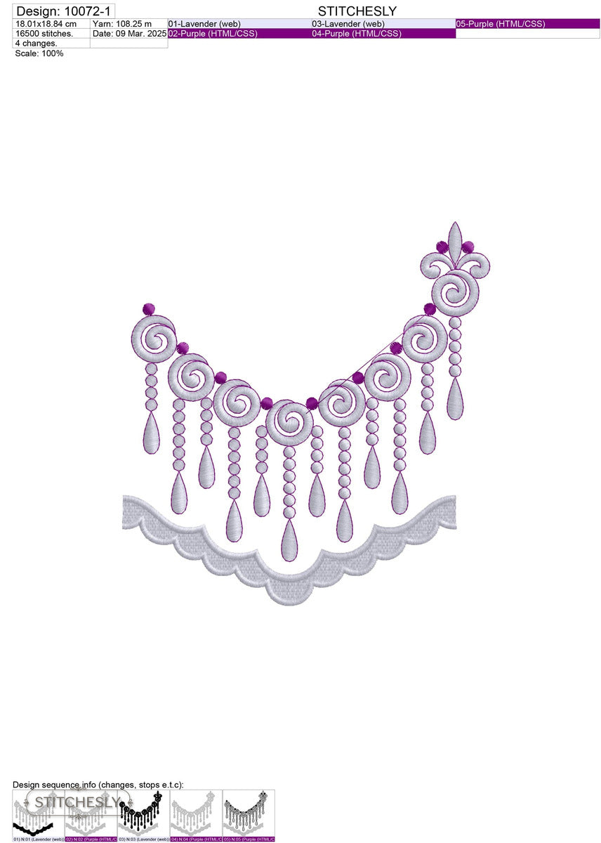 Detail view of Purple Beaded Neckline machine embroidery design