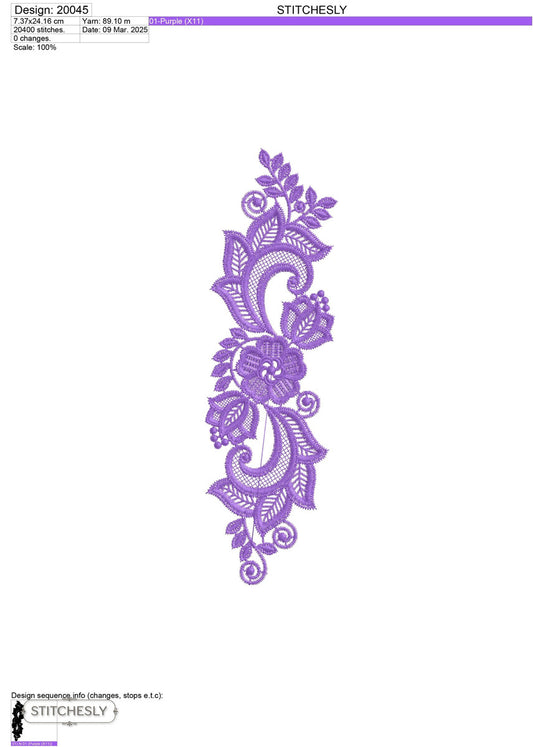 Detail view of Purple Lace Floral Border machine embroidery design