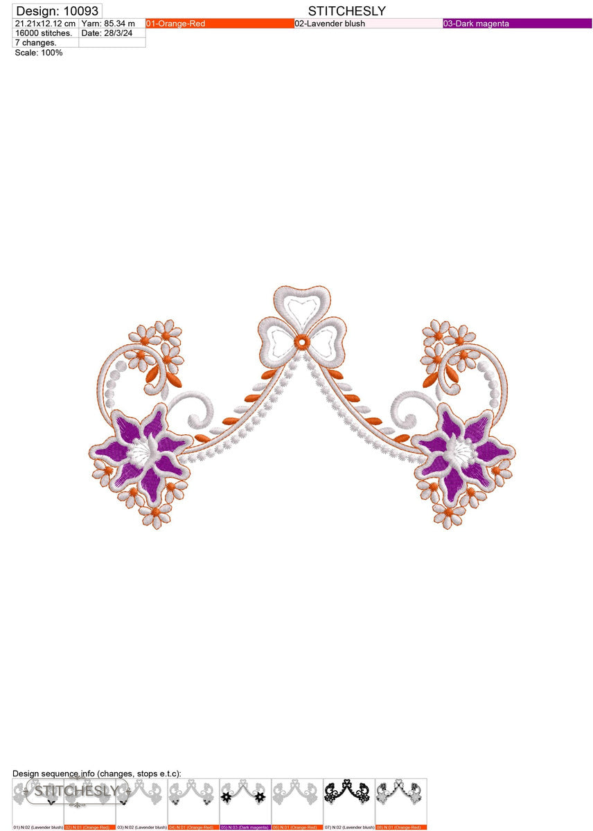 Detail view of Purple Orange Floral Garland machine embroidery design