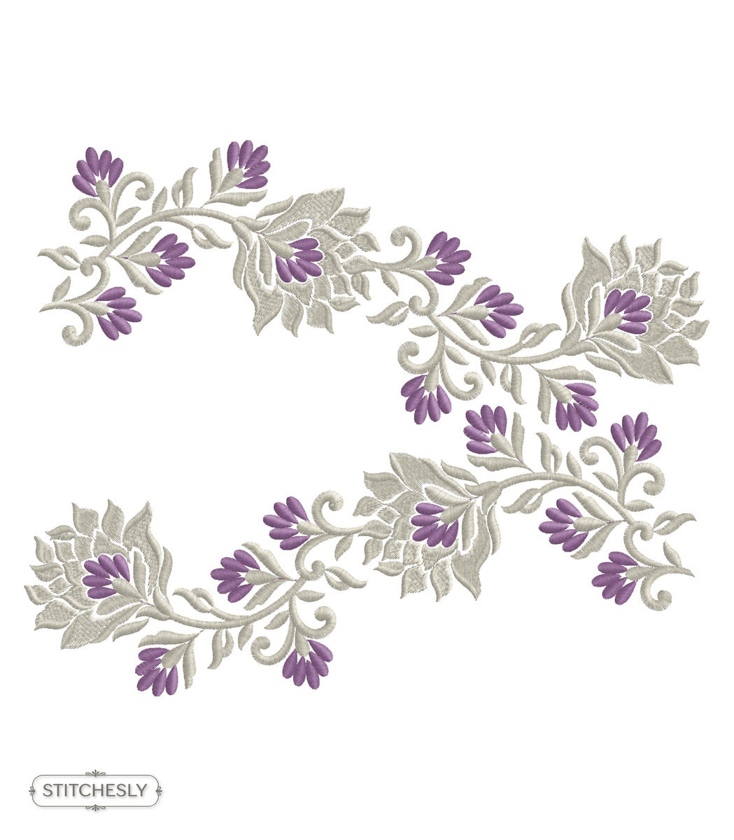 Detail view of Purple Rose Table Linen Border machine embroidery design