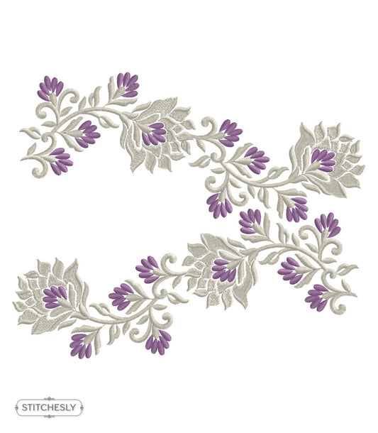 Detail view of Purple Rose Table Linen Border machine embroidery design
