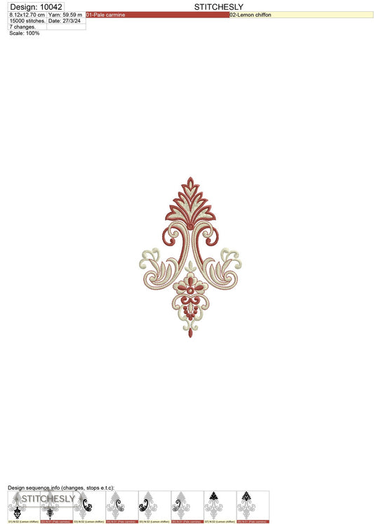 Detail view of Red Floral Drop Ornament machine embroidery design