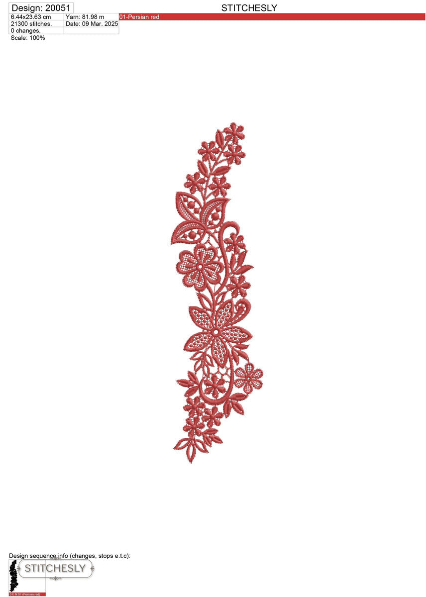 Detail view of Red Floral Lace Border machine embroidery design