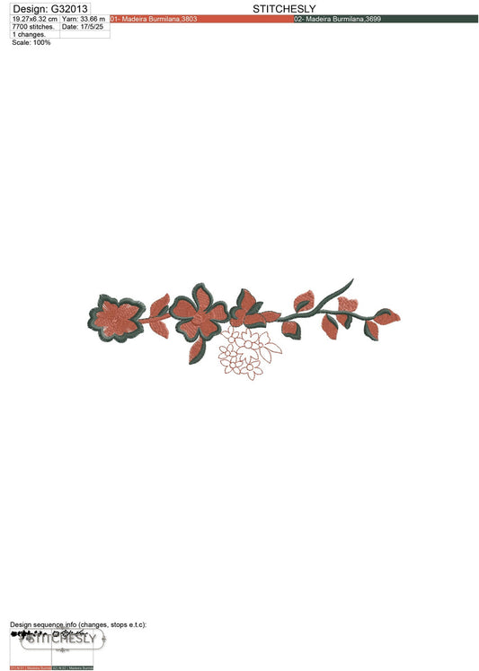 Detail view of Red Green Floral Branch machine embroidery design