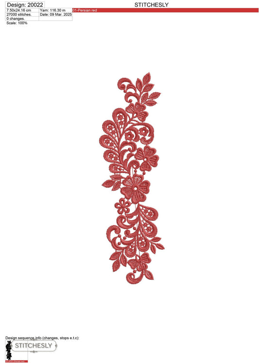 Detail view of Red Paisley Floral Border machine embroidery design