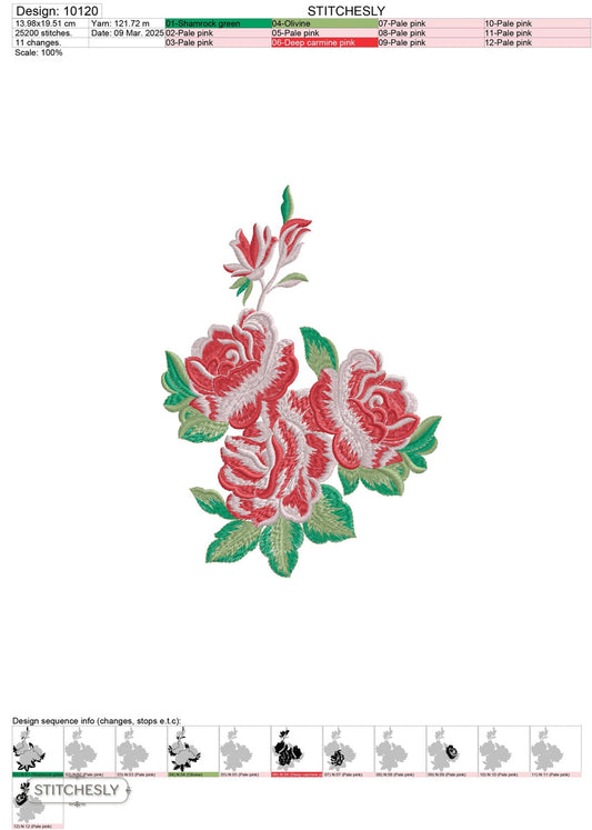 Detail view of Red Rose Bouquet machine embroidery design