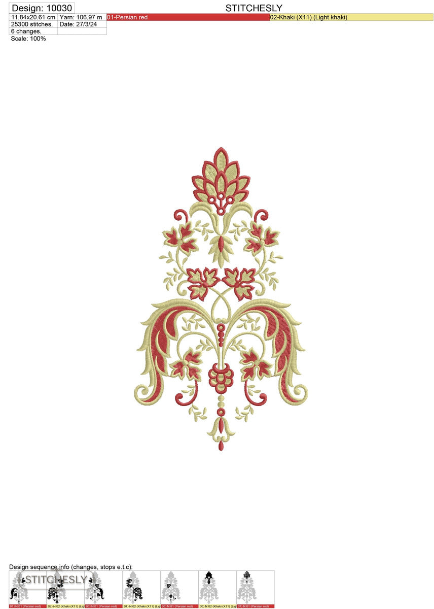 Detail view of Regal Floral Crest machine embroidery design