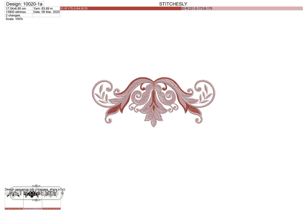 Detail view of Rosewood Scroll Border machine embroidery design