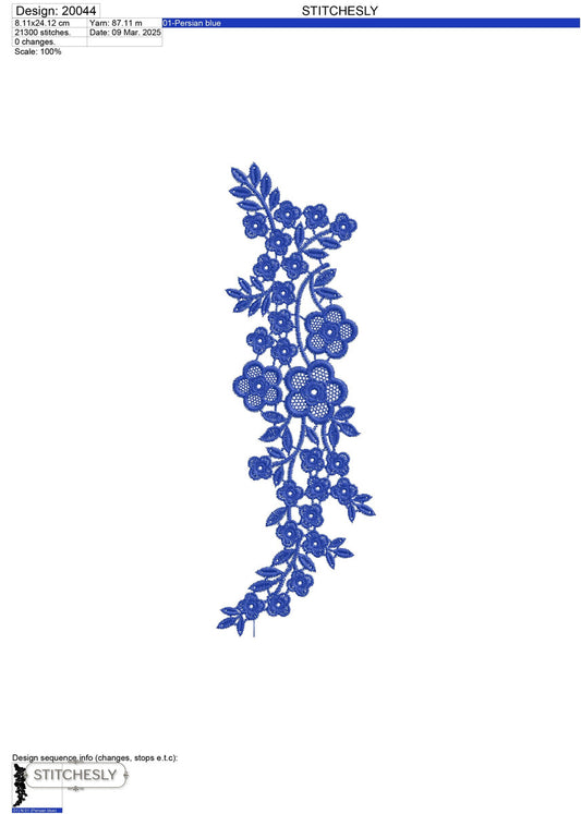 Detail view of Royal Blue Floral Border machine embroidery design