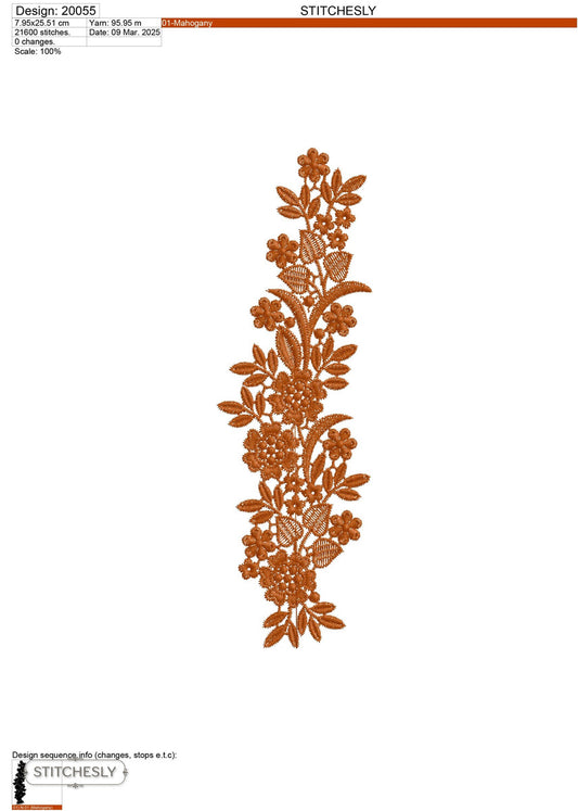 Detail view of Rust Botanical Floral Border machine embroidery design