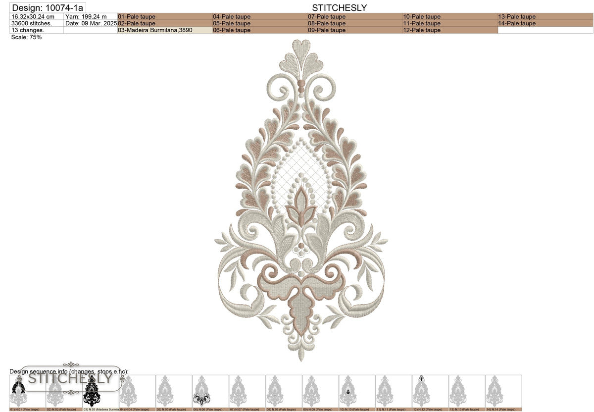 Detail view of Silver Damask Teardrop Ornament machine embroidery design