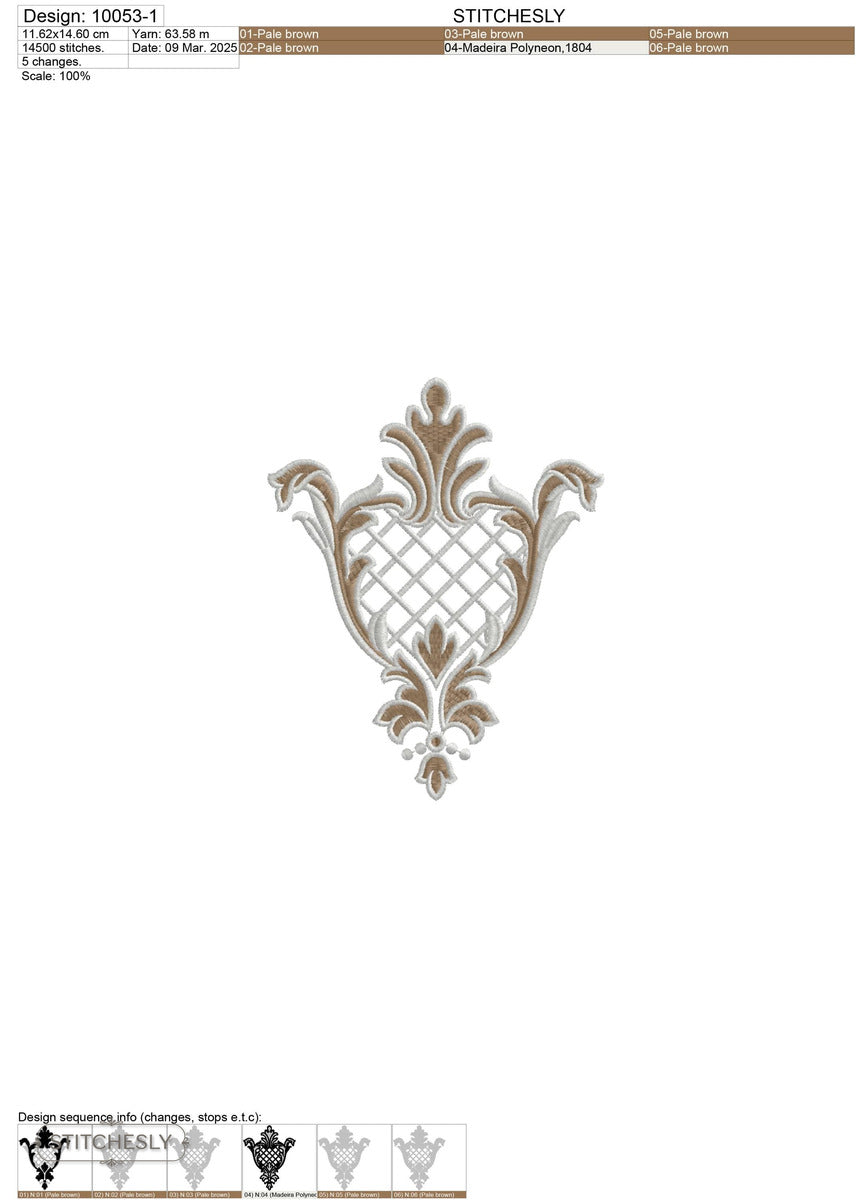 Detail view of Silver Lattice Floral Ornament machine embroidery design