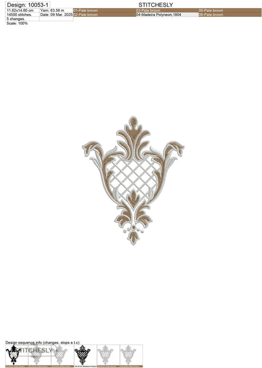 Detail view of Silver Lattice Floral Ornament machine embroidery design
