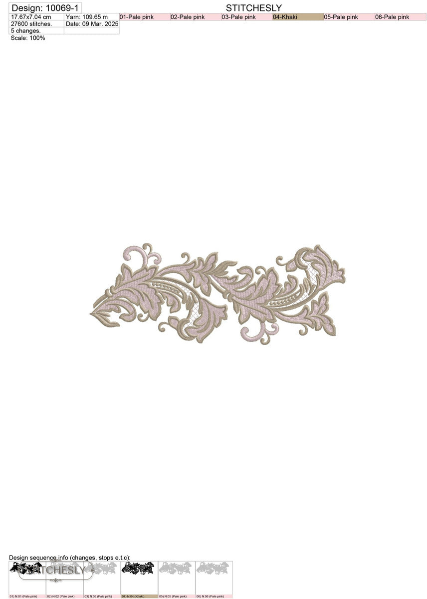 Detail view of Silver Leaf Scroll machine embroidery design