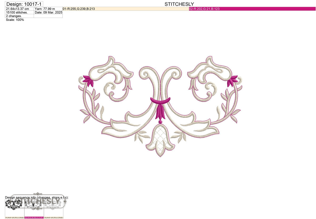Detail view of Symmetrical Lily Scroll Border machine embroidery design