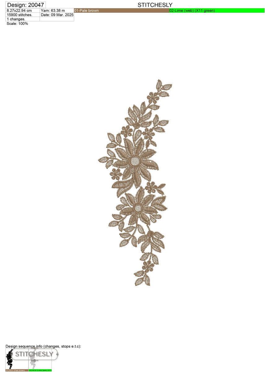 Detail view of Taupe Botanical Floral Border machine embroidery design