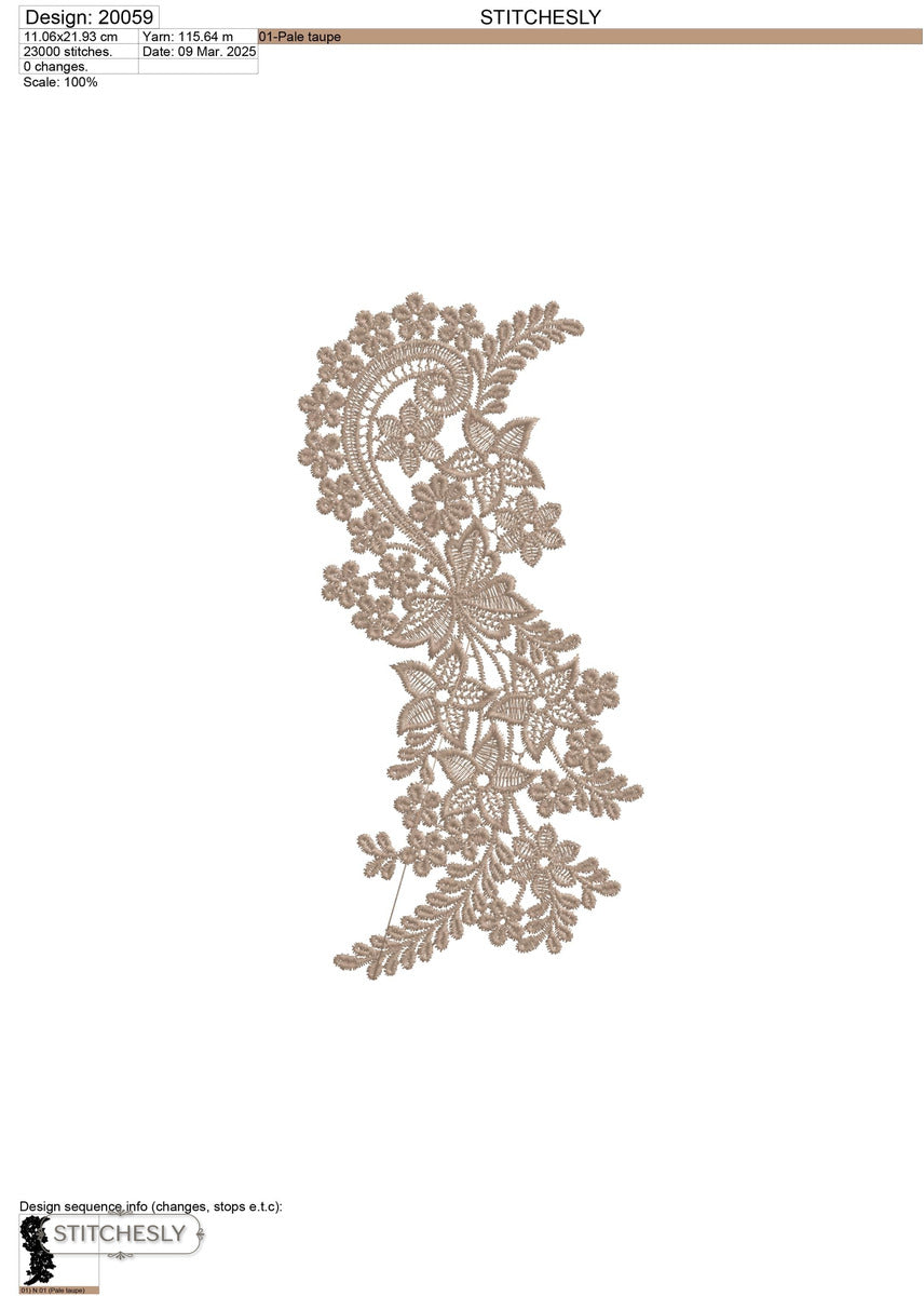Detail view of Taupe Lace Floral Border machine embroidery design