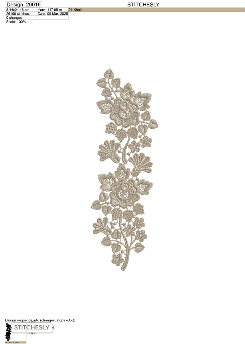 Detail view of Taupe Rose Floral Border machine embroidery design