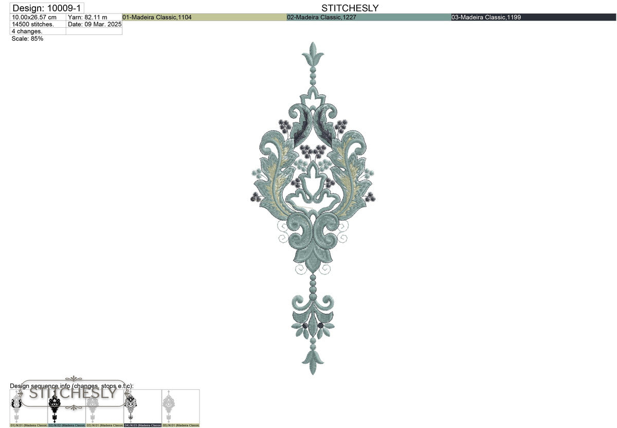 Detail view of Teal Damask Pendant machine embroidery design