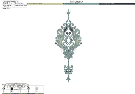 Detail view of Teal Damask Pendant machine embroidery design