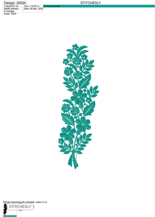 Detail view of Teal Floral Border machine embroidery design