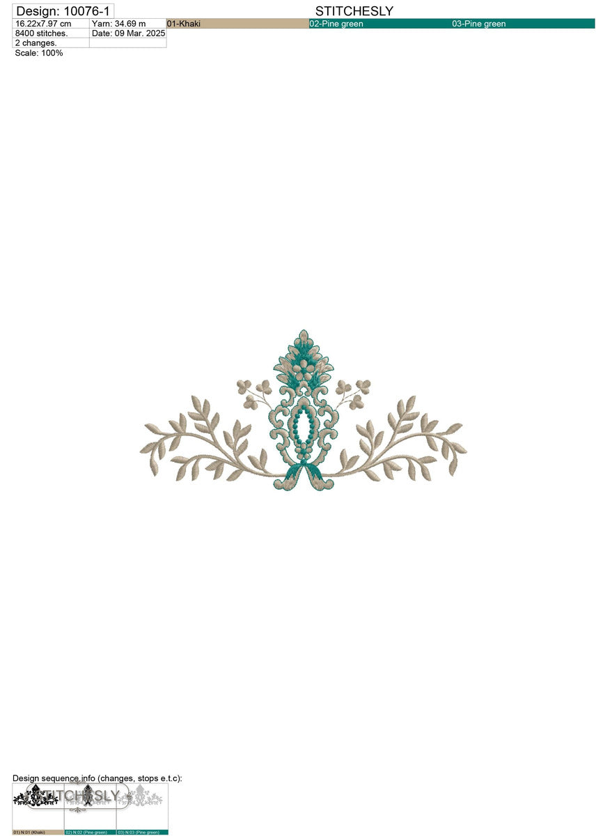 Detail view of Teal Floral Scroll Border machine embroidery design