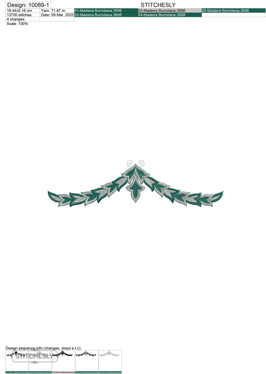 Detail view of Teal Laurel Scroll Border machine embroidery design