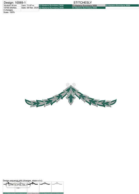 Detail view of Teal Laurel Scroll Border machine embroidery design