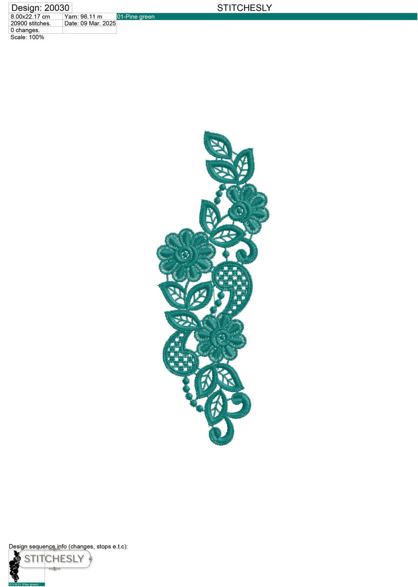 Detail view of Teal Rose Lace Border machine embroidery design