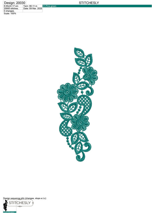 Detail view of Teal Rose Lace Border machine embroidery design