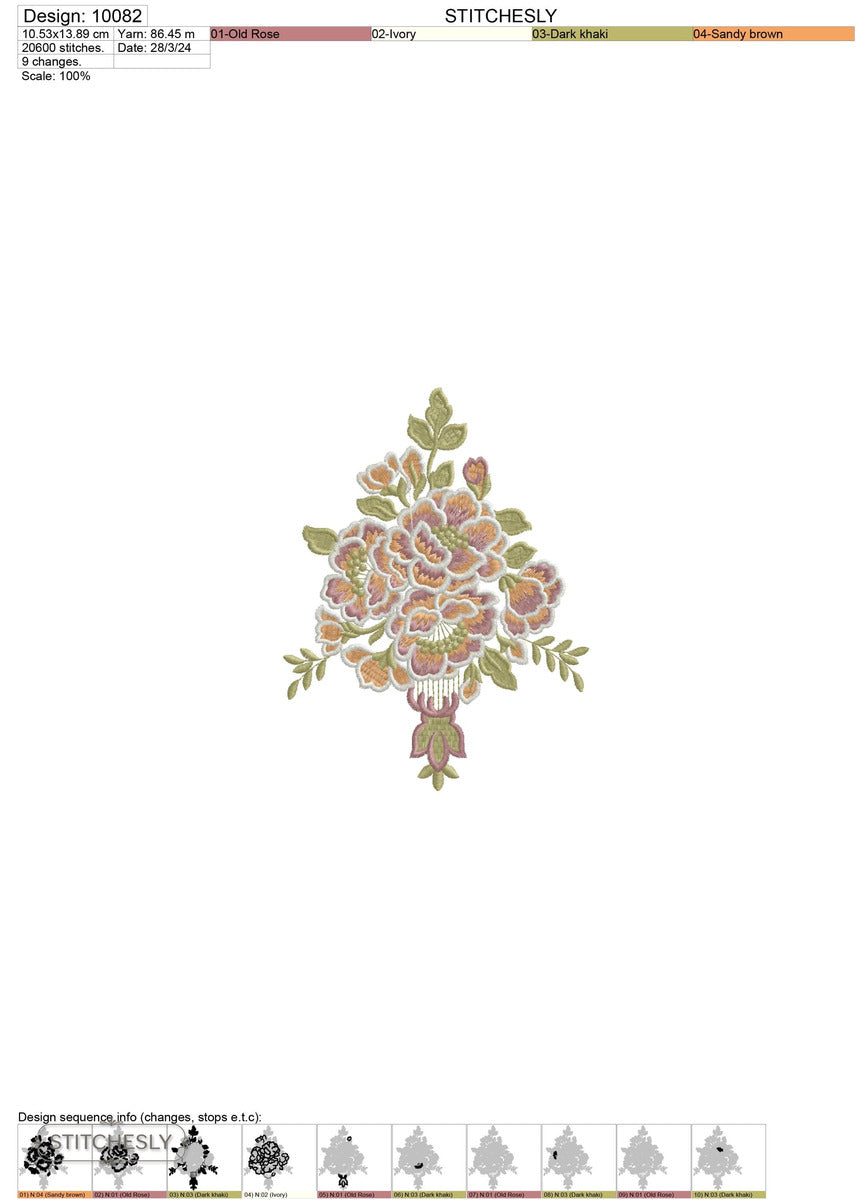Detail view of Vintage Floral Bouquet machine embroidery design