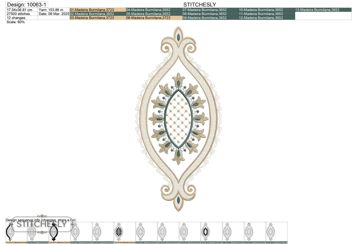 Detail view of Vintage Teardrop Lace Frame machine embroidery design