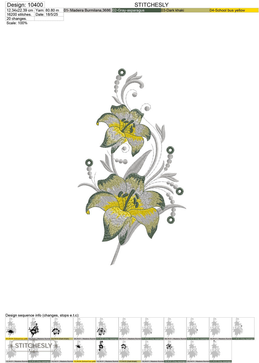 Detail view of Yellow Lily Scroll machine embroidery design
