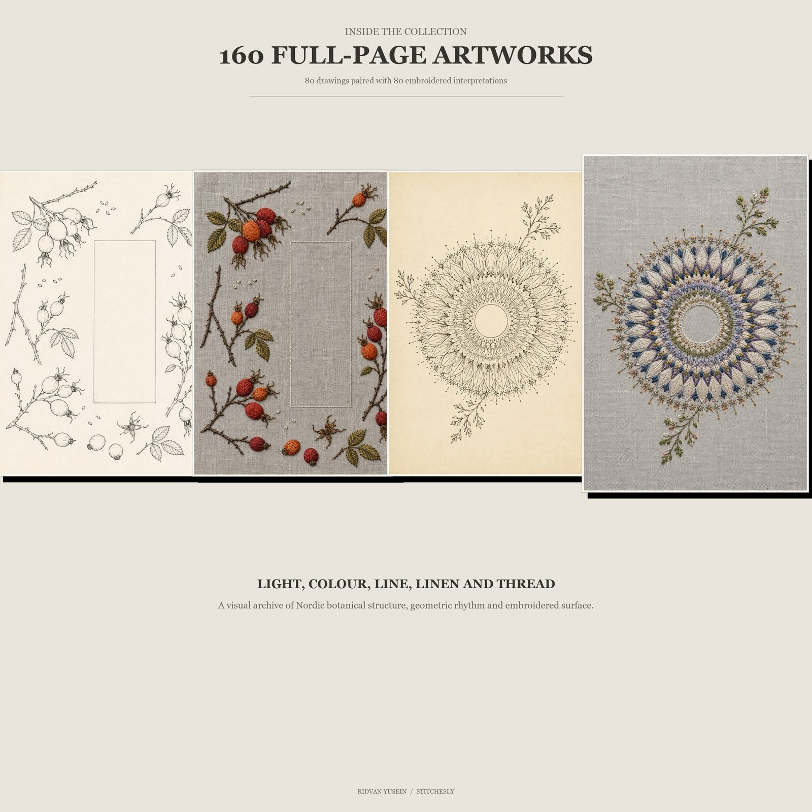Four enlarged artwork pages from the Nordic textile study collection, combining botanical line drawings and embroidered interpretations on pale, grey and dark textile grounds, representing 160 full-page artworks.