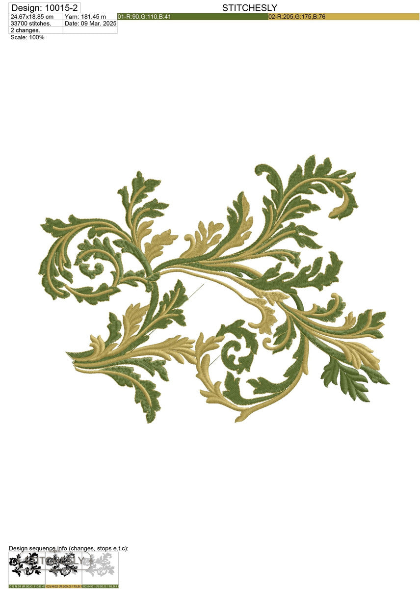 Detail view of Acanthus Leaf Scroll machine embroidery design