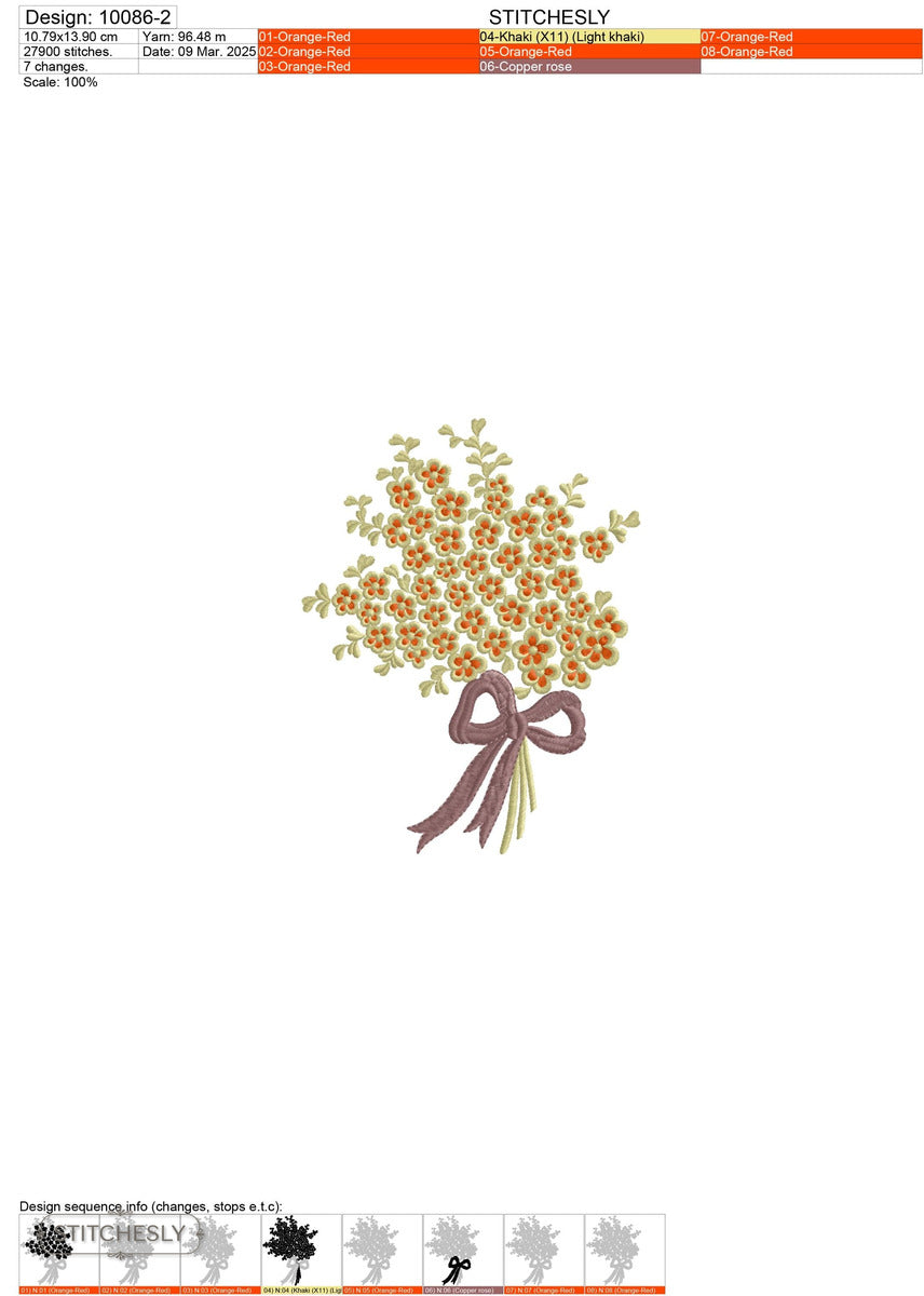 Detail view of Baby's Breath Bouquet with Bow machine embroidery design