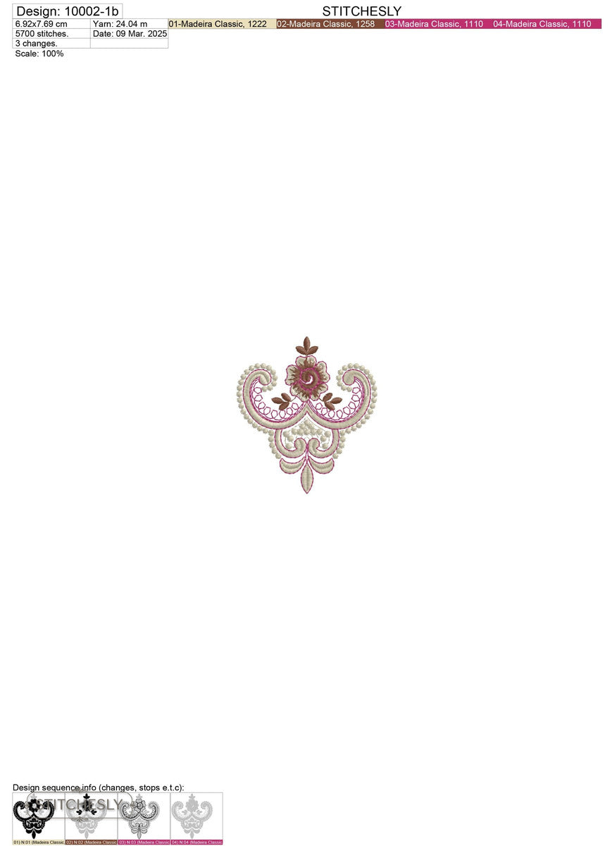 Detail view of Baroque Rose Drop Panel machine embroidery design
