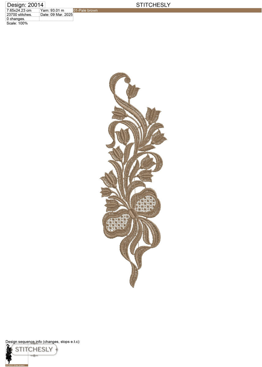 Detail view of Beige Lace Floral Border machine embroidery design