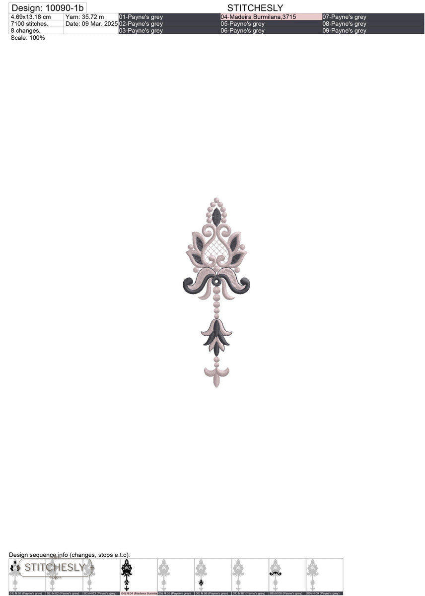 Detail view of Black Baroque Drop Panel machine embroidery design